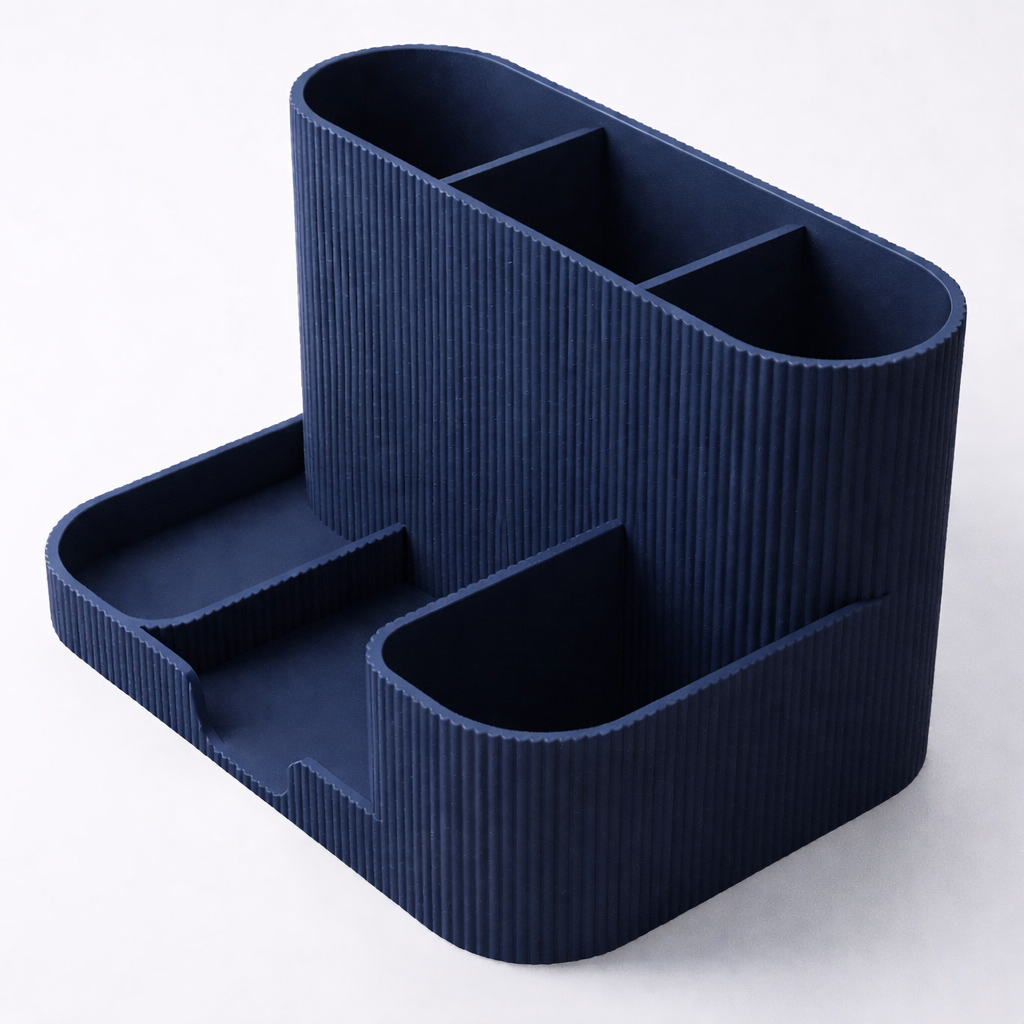 3D tiskan namizni organizator HUB z več predali in modrim dizajnom