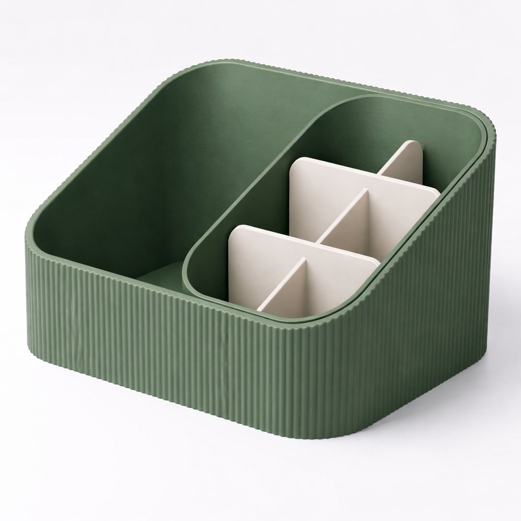 3D tiskan namizni organizator STACK STEP zelen s stopničasto razporeditvijo predelkov