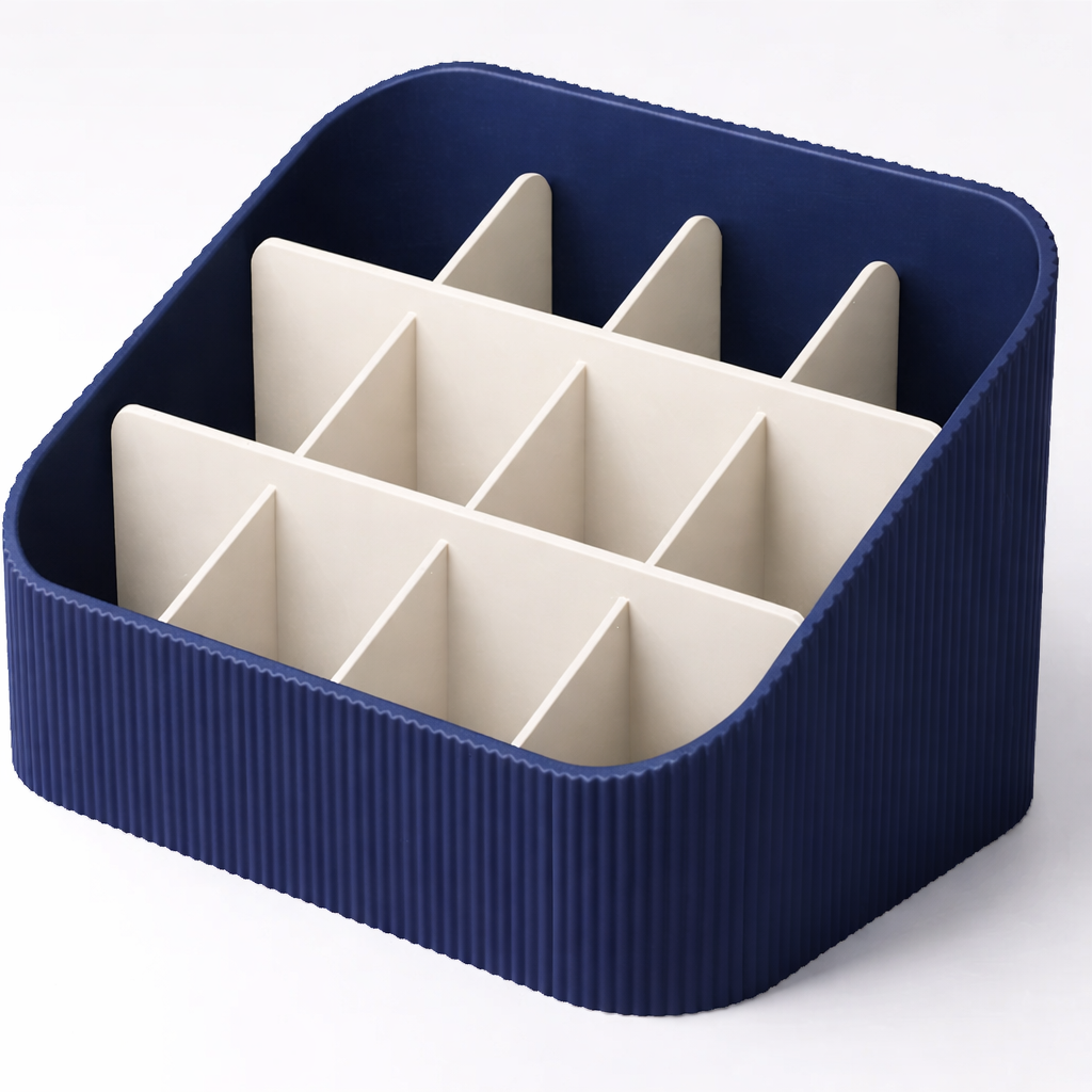 3D tiskan namizni organizator STACK GRID moder z več razdelki za organizacijo