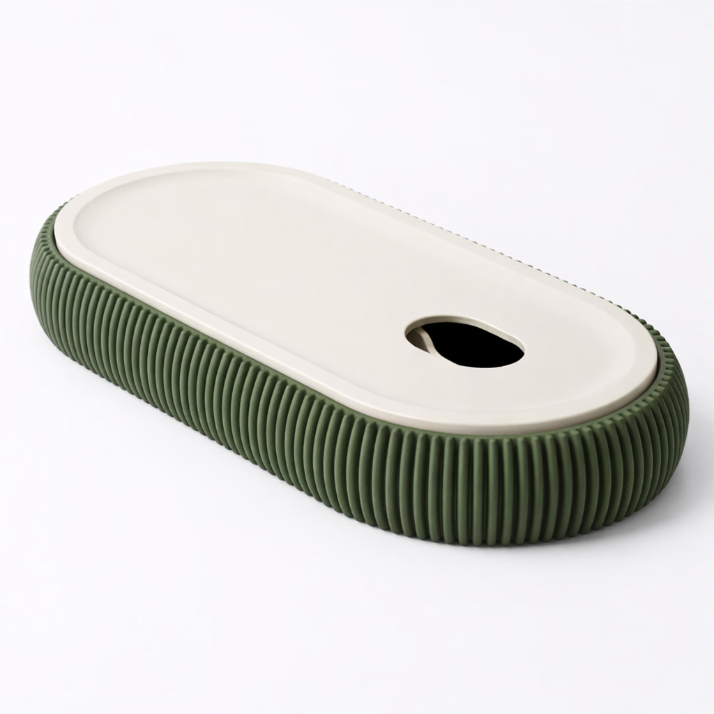 3D tiskan organizator za pisala z odprtino v bež in zeleni barvi na minimalističnem ozadju